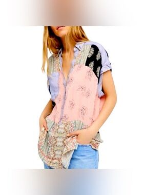Free People Patchwork Mixed Print Button Front Top Size Small Boho Cottagecore